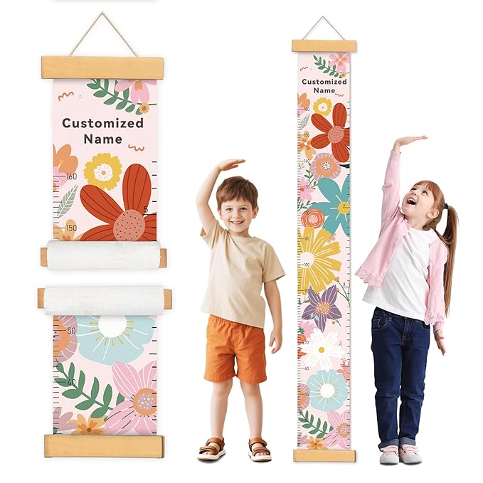 Personalized Name Growth Chart Wall Decor for Kids – Canvas Removable Height Chart Measuring Ruler 59" x 7.9" (Big Flower)