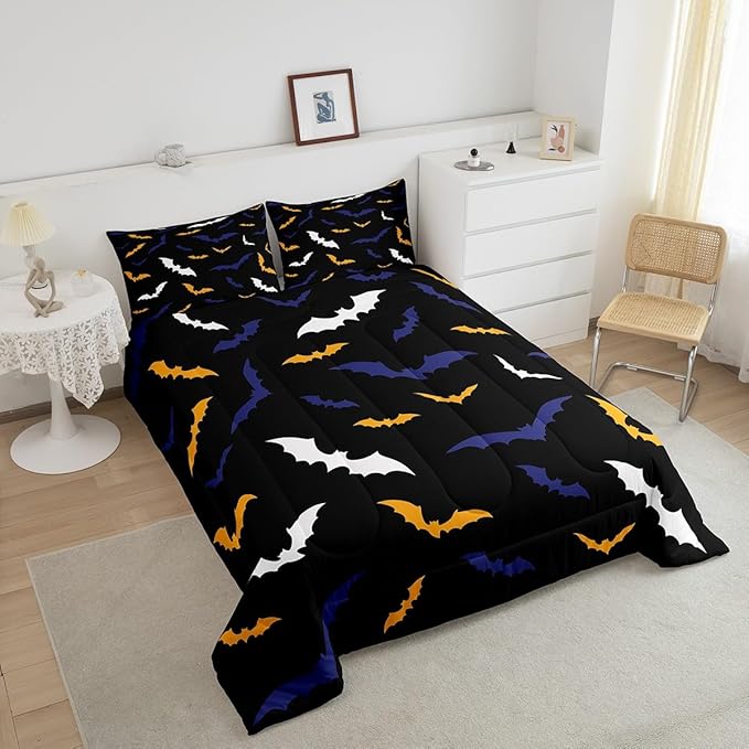 Erosebridal Bat Comforter Set King Size for Kids Boys Happy Halloween Decor Quilt with 2 Pillow Cases Bats Animal Silhouette Bedding Set Gothic Spooky White Duvet Insert,Orange