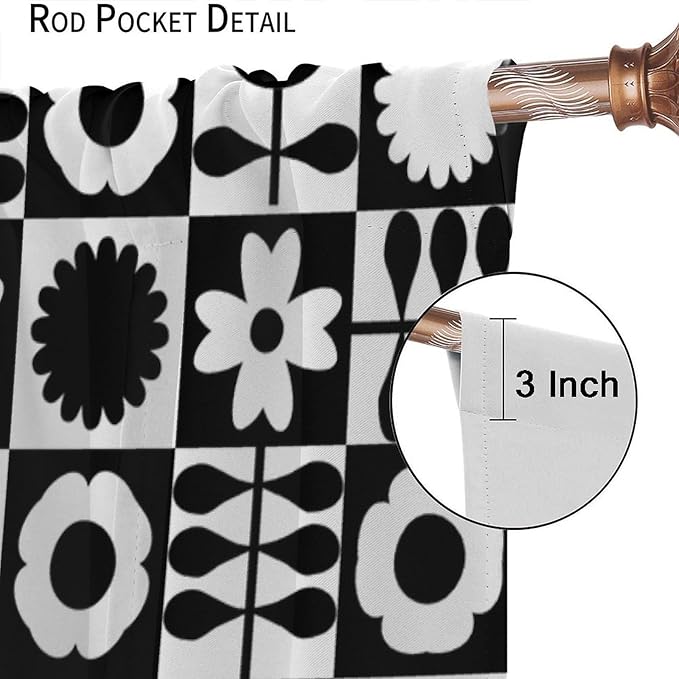 Mid Century Geometric Floral Curtains, Vintage 70s Window Treatments, Black and White, 42" W x 54" L, 2 Panels, Indoor, Boho Style