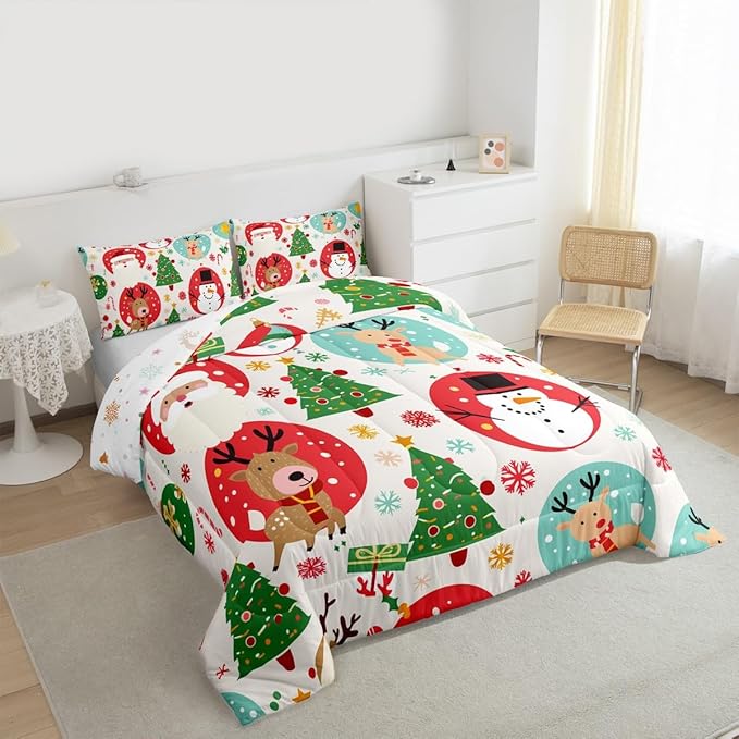 Feelyou Christmas Bedding Set Soft for Boys Girls, Santa Snowman Comforter Set King Size Deer Xmas Tree Duvet Quilt Microfiber Snowflake Bedroom Decor 3 Pcs with 2 Pillow Cases