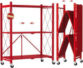 DEANIC 3 Tier Foldable Storage Shelves with Wheels, Kitchen Appliance Stand, Freestanding Metal Wire Shelf Rack, No Assembly Organizer Rolling Cart for Garage, Basement, Pantry(Red)