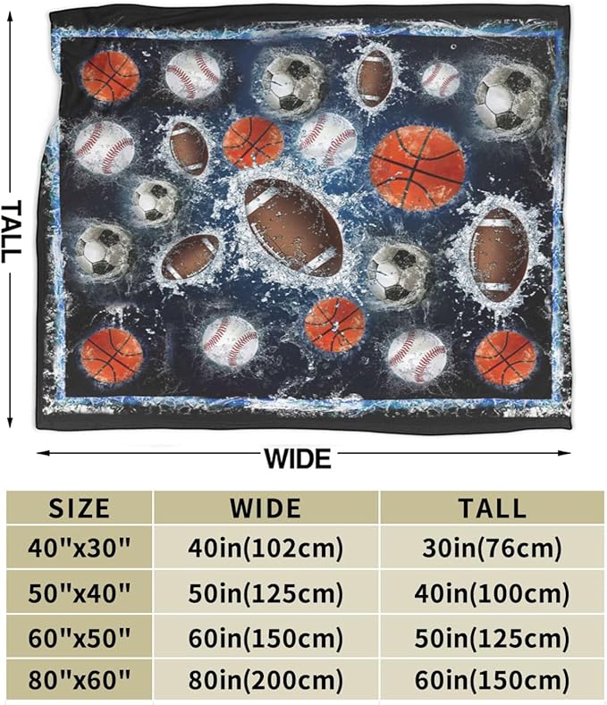 Sports Balls Blanket for Girls Boys Fans Basketball Baseball Football Soccer Throw Blankets Soft Cozy Warm Fuzzy Fleece Bedding Flannel Throws Stuff Gifts Kids Men Women Bedroom Decor 80"x60"