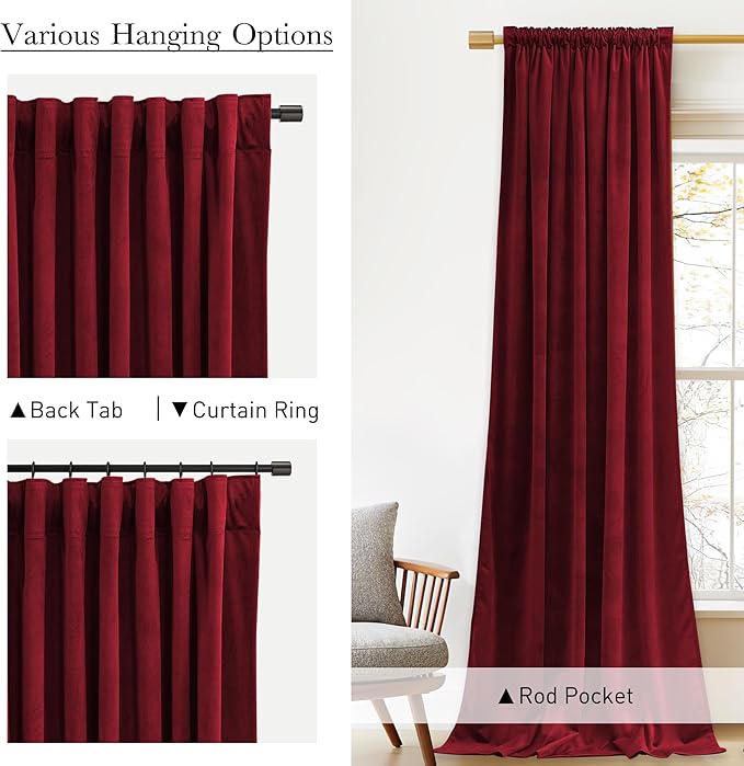 StangH Red Velvet Curtains for Living Room 120 inches Long, Christmas Decor Back Tab Thermal Insulated Room Darkening Privacy Protect Drapes for Bedroom Home Theater, W52 x L120, 2 Panels