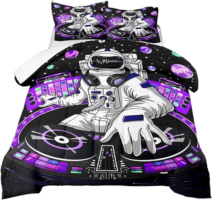 kxry Space Astronaut Galaxy Comforter Sets Twin Size Outer Space Themed Bedroom Decor Bedding Sets Black and Purple Bedding Quilt for Kids Teen Girls 1 Comforter+ 1 Pillowcase