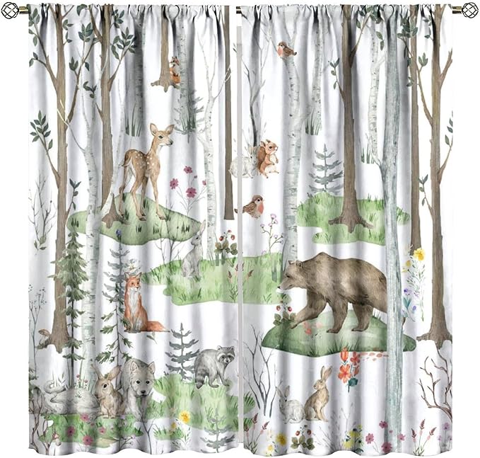 YCness Woodland Animals Curtains, Wild Animals Watercolor Forest Bear Deer Fox Rabbit Floral Nature Window Treatments for Bedroom Kitchen Nursery Living Room Drapes, 63x63 Inch