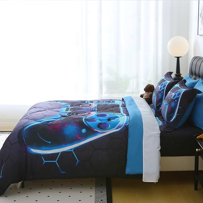 Wajade Game Console Comforter Set for Boys 7 Piece Blue 3D Gaming Geometric Bedding Sets for Kids Queen Size as Birthday with Comforter, Sheet Set, Pillowcase and Sham