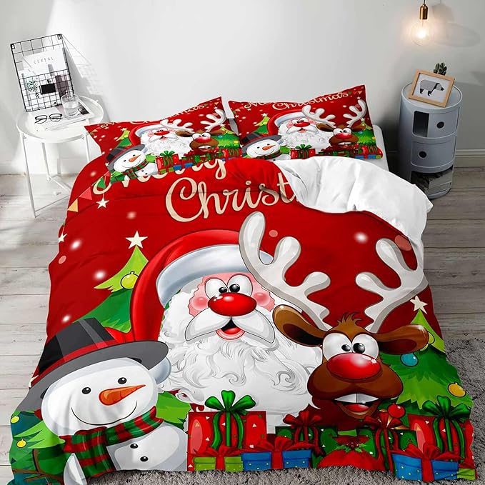 LUVIVIHOME 3PCS Red Christmas Duvet Cover Queen Bedding Sets, Boys Girls Kids Bedding, Santa Claus Snowman Reindeer Holiday New Year Xmas Gifts Christmas Comforter Bedspread Quilt Cover 2 Pillow Cases