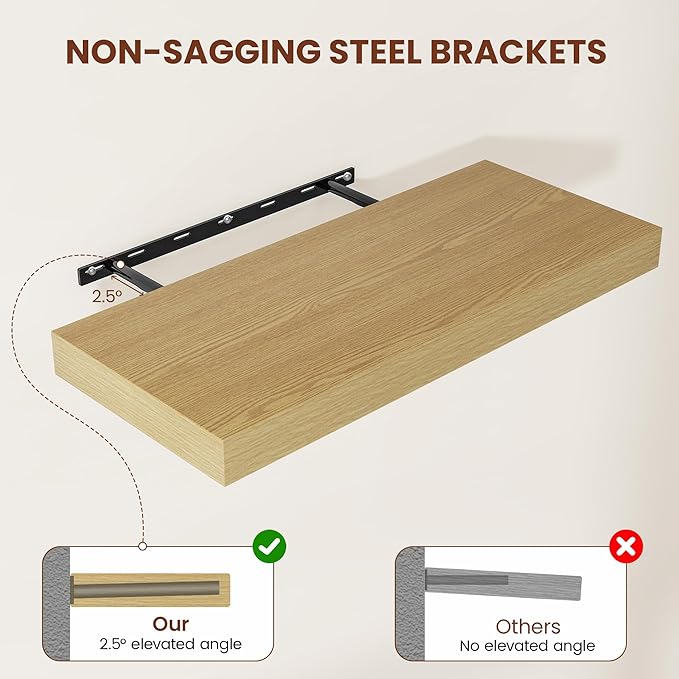 Vivelove 12 Inch Deep Floating Shelves 48 inch Long, 2 Inch Thick Wall Shelves with Invisible Brackets, Shelf for Bedroom Bathroom Living Room Kitchen Office Home Decor, Modern Shelf Set of 2, Oak
