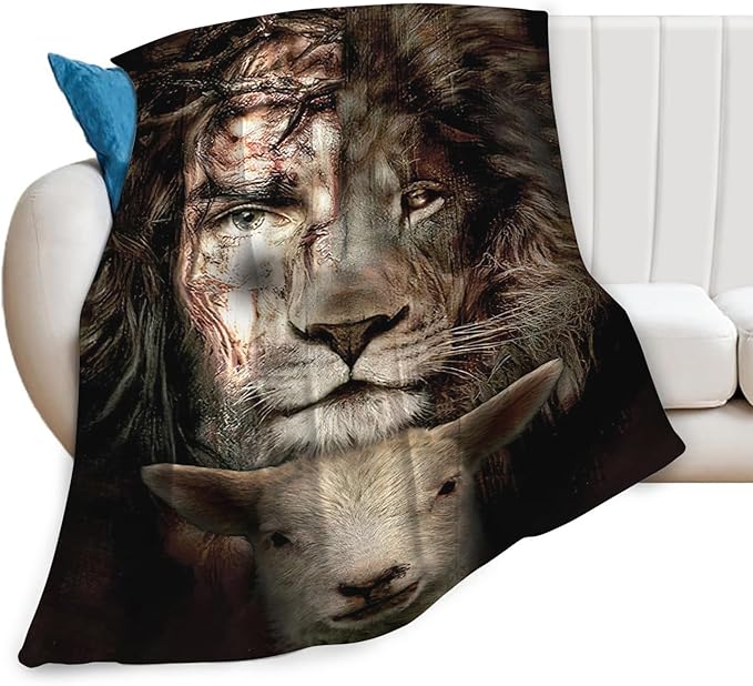 Tijuboni Lion Lamb Throw Blanket Christian Religious Gifts for Women Men Girls Boys Kids Adults Soft Flannel Fleece Blanket for Couch Sofa Bed Home Decor 50"x60"