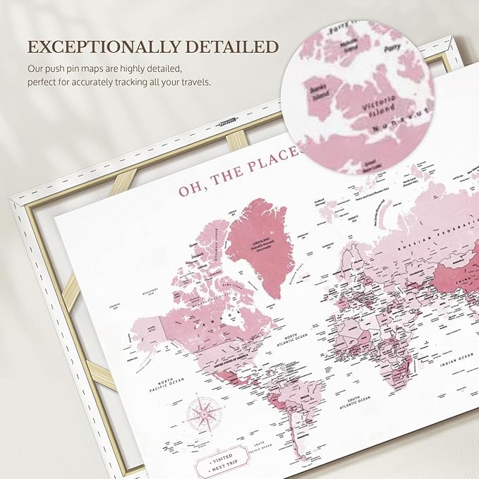 ElephantStock - Places You'll Go Push Pin World Map Wall Art - Horizontal Canvas Wall Art - Living Room Wall Decor - Digital Art Map Canvas Art - White And Pink Decor - 12" x 8"