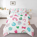 Feelyou Candy Cane Comforter Set Twin Size Christmas Ornament Bedding Set for Kids Boys Girls Snowflake Duvet Quilt Festive Bow Bedroom Decor Christmas Stocking Microfiber 2 Pcs with 1 Pillow Cases