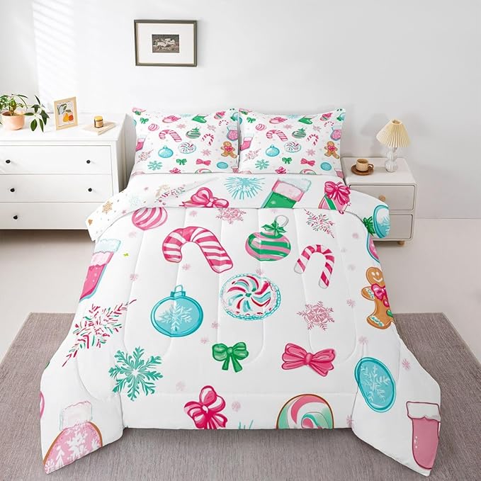 Feelyou Candy Cane Comforter Set Twin Size Christmas Ornament Bedding Set for Kids Boys Girls Snowflake Duvet Quilt Festive Bow Bedroom Decor Christmas Stocking Microfiber 2 Pcs with 1 Pillow Cases