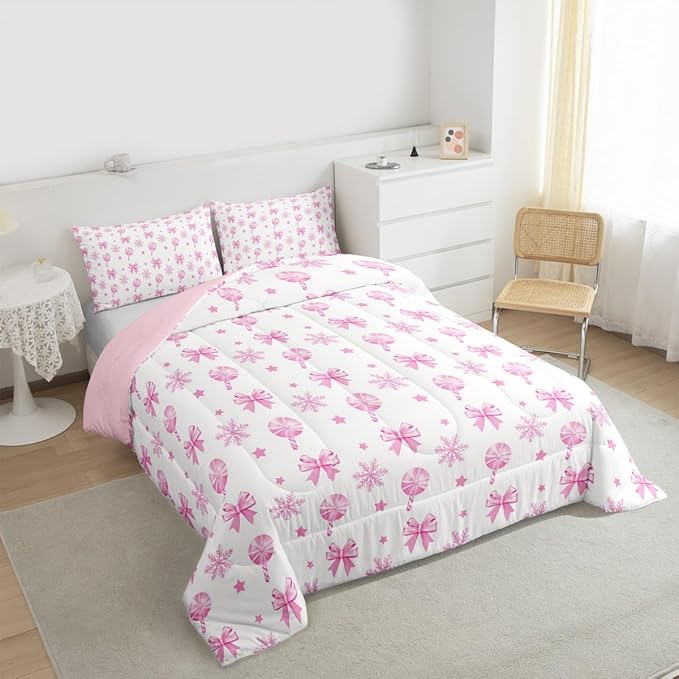 Feelyou Pink Christmas Bedding Set Soft for Boys Girls, Bow Candy Comforter Set Full Size Star Snowflake Duvet Quilt Microfiber Bedroom Decor 3 Pcs with 2 Pillow Cases