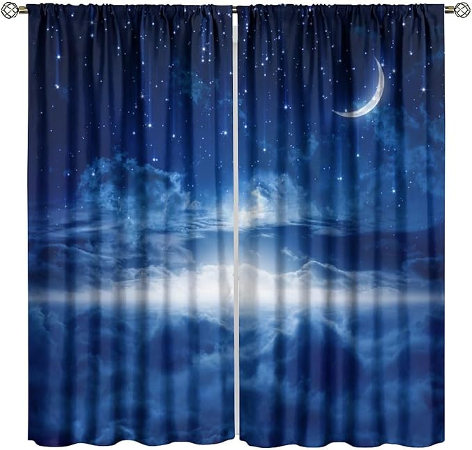 Star Night Sky Blackout Curtains, Moon Foggy Clouds Landscape Theme Print Window Drapes for Kids Girls Bedroom Living Room 52" W X 84" L