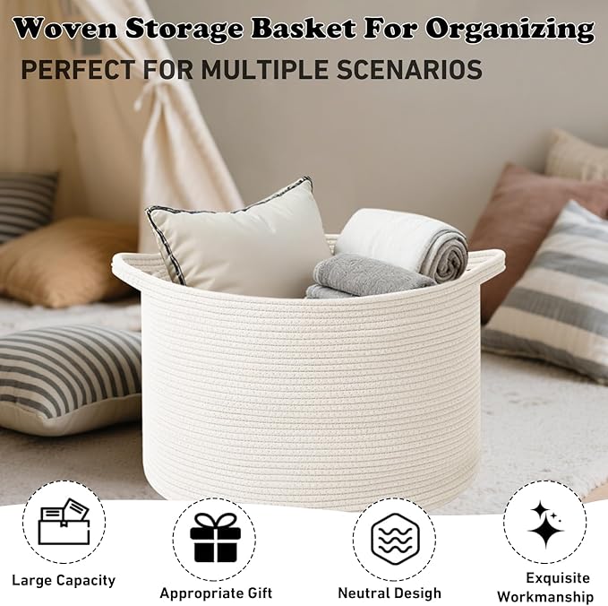 Large Blanket Basket for Organizing,115L Closet Organizers and Storage Bins Box for Shelves Woven Rope Storage Baskets,Living Room,Bedroom,Dorm,Laundry room (White)
