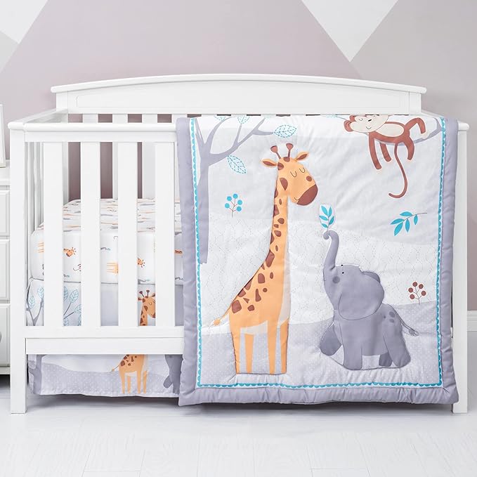 The Hōmistry 3-Piece Crib Bedding Set for Boys & Girls – Reversible Quilt, Fitted Sheet, Crib Skirt – Soft, Breathable & Durable Microfiber – Jungle Friends Theme
