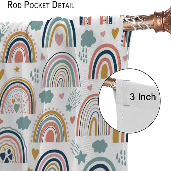 Kids Rainbow Curtains Boho Cartoon Colorful Stars Love Heart Lovely Abstract Art Pattern Print Window Drapes for Girl Bedroom Living Room Kitchen Decor,2 Panel Set,63Wx72H Inch Blackout