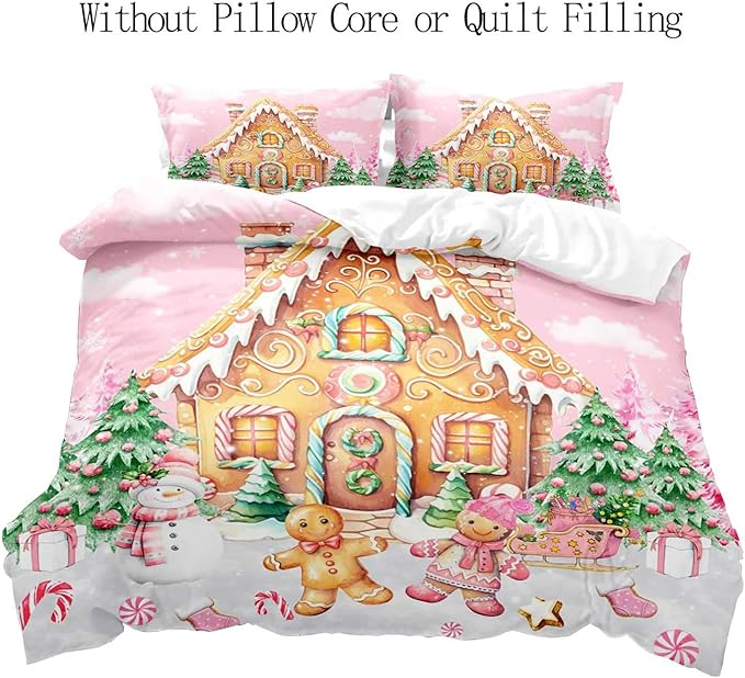 LUVIVIHOME 2PCS Pink Gingerbread House Duvet Cover Twin Bedding Sets, Teen Girl Bedding, Gingerbread Man Snowman Christmas Tree Candy Cane Winter Holiday Kids Christmas Comforter Cover, 1 Pillow Case