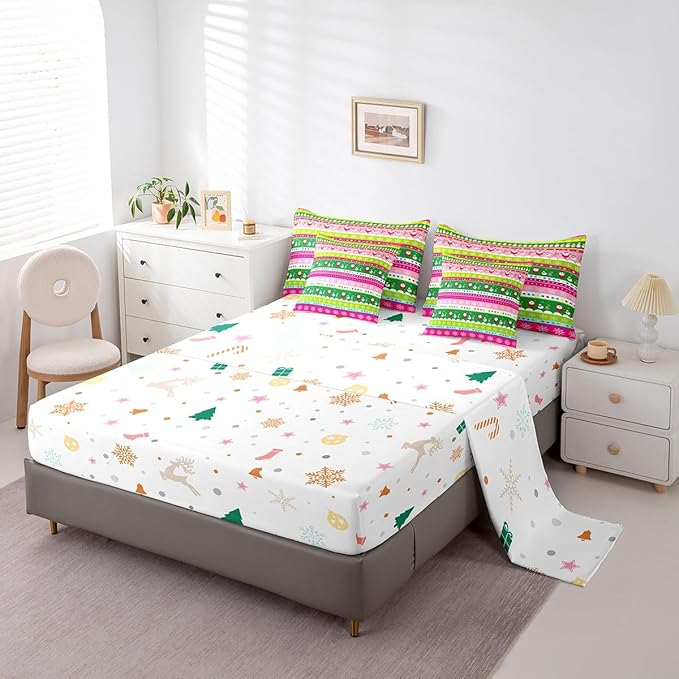 Christmas Bed Set Snowman Christmas Reindeer Print Comforter Set with Sheets Xmas Santa Claus Bed in a Bag for Kids Girls New Year Theme Bedding Set Bedding Full Size