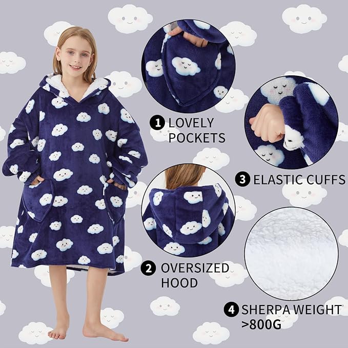 Fiosnow White Cloud Blanket Hoodies for Kids 6-13YR Oversize Wearable Blanket Hoodies for Boys Girls Teens