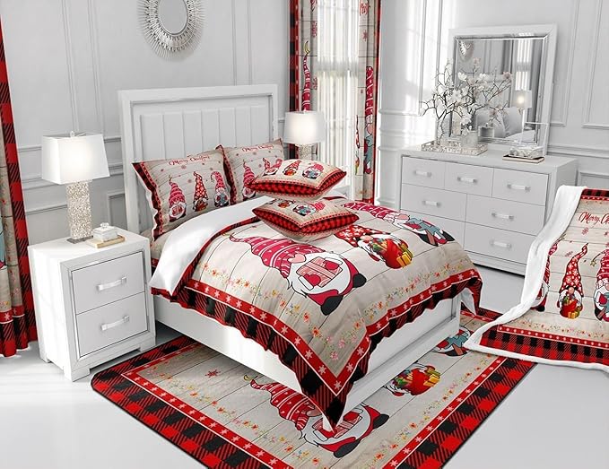 Xmas Gnomes Duvet Cover Set Queen Size, Rustic Wooden Red Plaid Christmas Comforter Cover with 2 Pillowcases, New Year Theme Bedding Set 3pcs for Kids Boy Lightweight Bedspread Cover,No Comforter