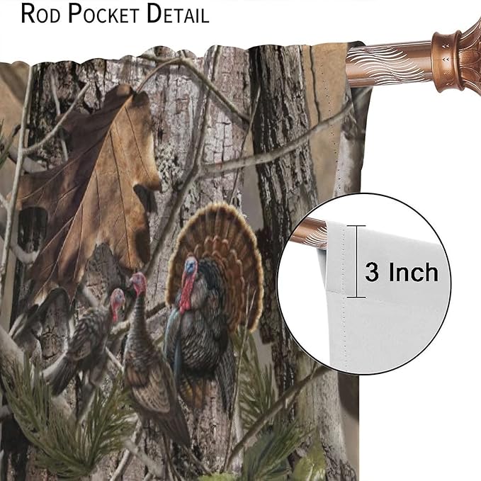 Retro Forest Window Curtains, Camouflage Hunting Tree Camo Rustic Deer Elk Bird Bear Blackout Rod Pocket Windows Door Curtain for Bedroom Living Room Home Decor 52x84in