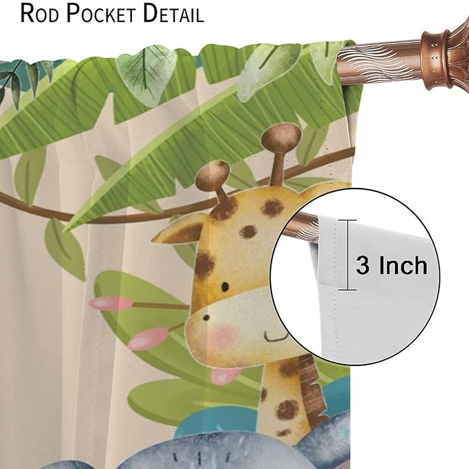 Jungle Animals Curtains Colorful Forest Cartoon Wildlife Lion Giraffe Elephant for Kids Boys Girls Nursery Bedroom Living Room Blackout Rod Pocket Decoration Window Drapes 2 Panels W21xL45in