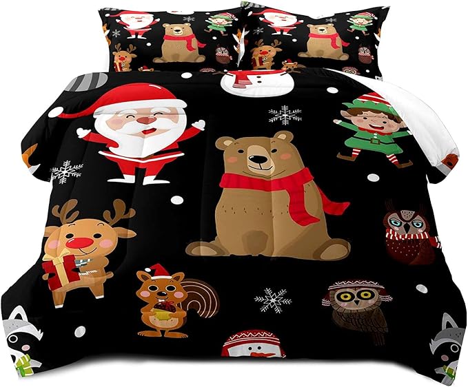LUVIVIHOME 3PCS Merry Christmas Comforter Set Full Size, Boys Girls Kids Bedding, Black Quilt, Funny Cute Cartoon Santa Claus Elf Owl Elk Reindeer Squirrel Xmas Christmas Bedroom Decor, 2 Pillow Shams