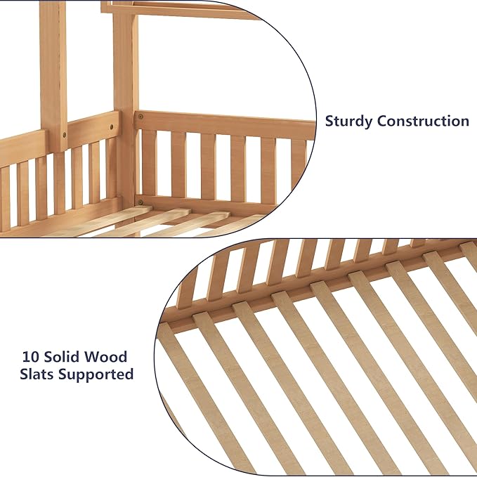 Aoowow Twin Size House Bed with Storage Drawers and Shelf,Kids Wooden Bed Frame Twin Platform Bed with Slats and Fence for Boys Girls Teens for Bedroom(Natural)