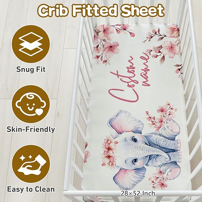 Custom Name Crib Bedding Set, 3 Pcs Personalized Baby Crib Bedding Set, Soft Flower Elephant Nursery Crib Sets for Boys Girls, Double Layer Toddler Bedding Set Customized Gifts for Newborn Kids