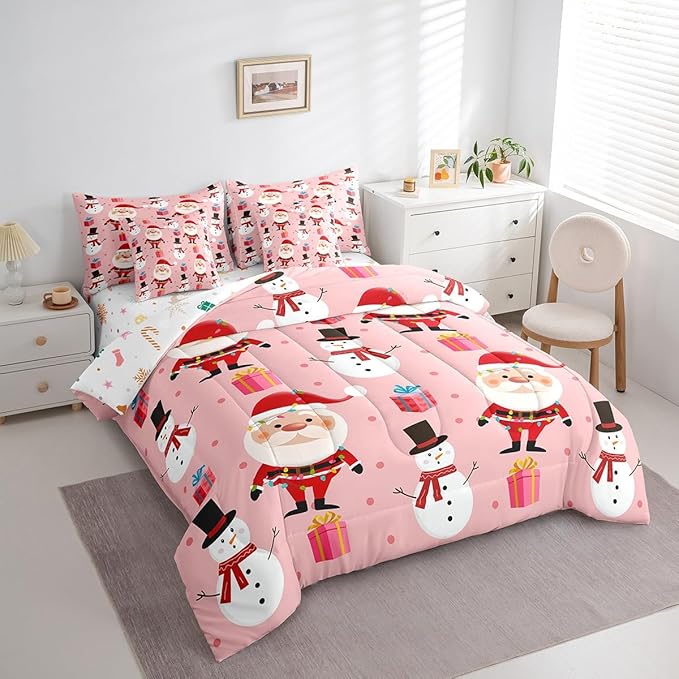 Christmas Bed in a Bag Merry Christmas Snowman Comforter Set with Sheets for Kids Boys Girls Decor Santa Claus Bed Set Kawaii Pink Bedding Set Bedroom Collection Full Size
