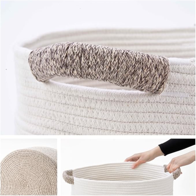Blanket Basket - Woven Round Rope Storage Basket (16"Wx14"H) for Blankets & Throws, Small Laundry & Toy Organizer, Decorative Living Room & Bedroom Cotton Basket - White & Brown