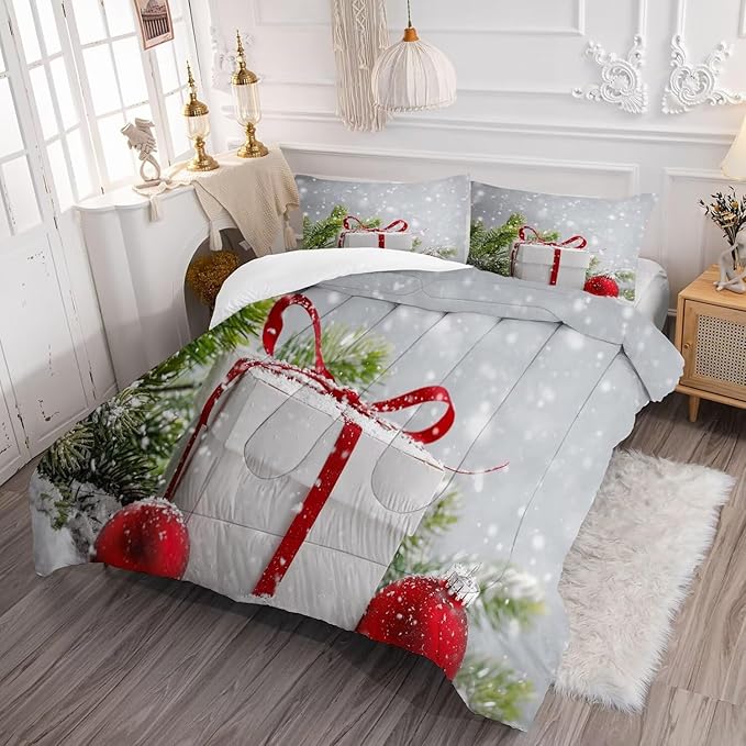 kxry Christmas Comforter Set Snow Scene Evergreen Bough Bedding Full Size for Girls Boys Kids Gift Box Red Balls Quilt Duvet 1 Comforter + 2 Pillow Cases