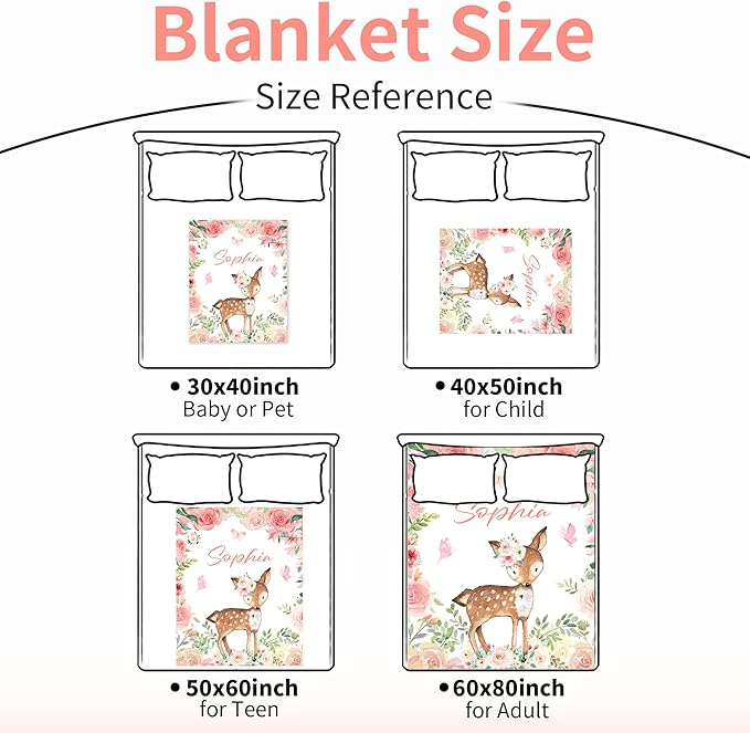 Personalized Deer Blanket with Name for Girl, Custom Name Blanket for Teen, Soft Flannel Deer Blankets Customized Gift for Birthday 50"x60"