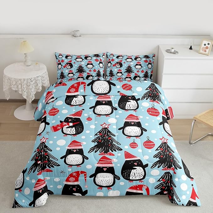 Feelyou Christmas Comforter Set All Season Penguin Bedding Set with 1 Pillow Cases Xmas Tree Microfiber Kids Toddler Bedclothes Christmas Balls Bedroom Decor Duvet Quilt Breathable Soft Lightweight