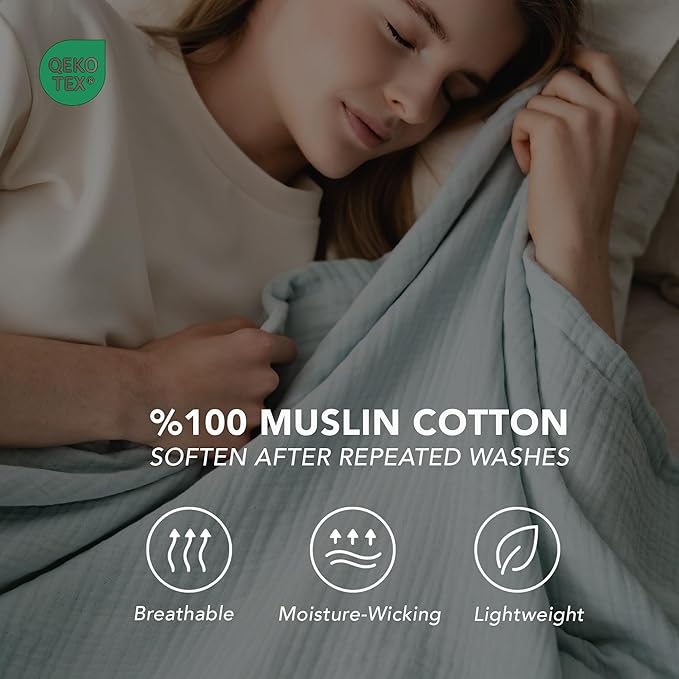 Goqan Throw Blanket 55x60 – 100% Cotton 4 Layer Boho Muslin Blanket for Adults, Lightweight, Soft, Breathable for Bed, Couch, Picnic - Sage Green