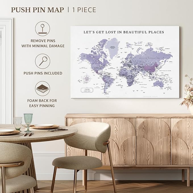 ElephantStock - Beautiful Places II Push Pin World Map Wall Art - Horizontal Canvas Wall Art - Living Room Wall Decor - Digital Art Map Canvas Art - White And Black Decor - 30" x 20"