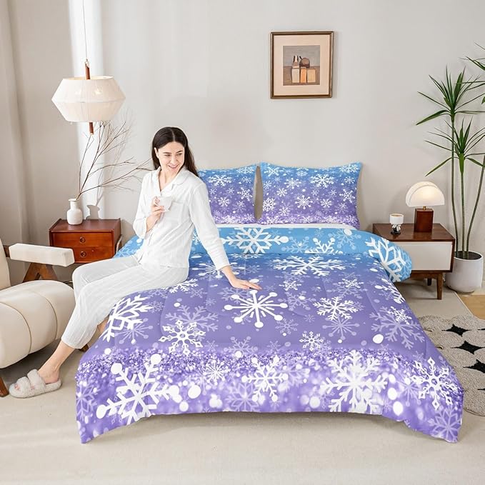 Feelyou Blue and Purple Snowflake Bedding Set Soft for Boys Girls, Winter Snowflake Comforter Set Full Size Christmas Duvet Quilt Microfiber Holiday New Year Bedroom Decor 3 Pcs with 2 Pillow Cases