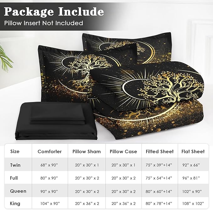 5 Pcs Twin Size Comforter Set with Pillowcase & Sham, Black Sun and Moon Bedding for Kids and Adults, Nature Tree of Life Bed in a Bag with Flat Fitted Sheet