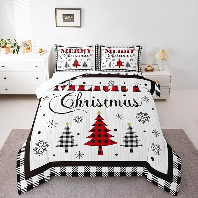 Merry Christmas New Year Kids Comforter Set Queen Size,Snowflake Pine Trees Bedding,Girls Boys Adults Bedroom/Xmas Cabin Decor,Grids Geometric Fashion Down Comforter,Rustic Duvet Insert,2 Pillowcases