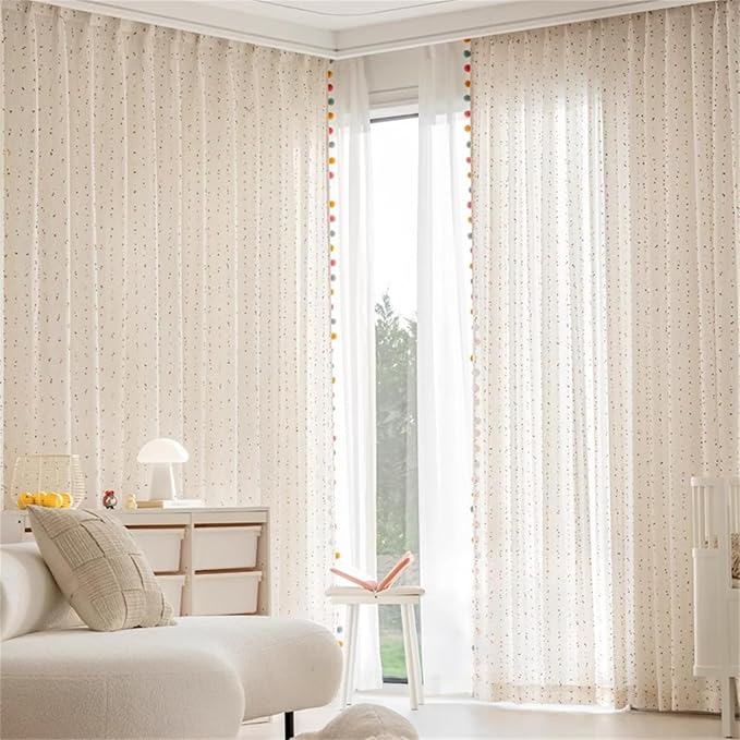Boho Rainbow Sheer Curtain with Colorful Pom Pom Voile Drapes Light Filtering Faux Linen Stripe Pompom Rod Pocket Window Drapes for Boys/Girls Bedroom/Nursery 2 Panels (W78 X L102 Inch-2PCS,White)