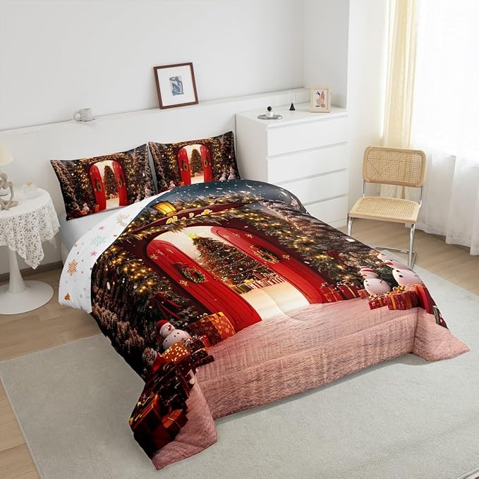 Feelyou Merry Christmas Bedding Set for Kids Boys Girls King Size Christmas Tree and Snowman Comforter Set Ultra Soft Comforter Snowflake Duvet Quilt Bedroom Decor Decorations Quilt