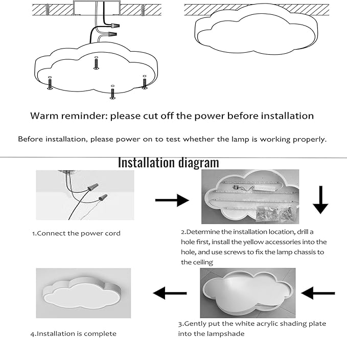 Cloud Shape Led Ceiling Light, 48Cm/19Inch, 36W, Yellow, with Remote Control 4 Color Temperatures,Adjustable Warm Light Eye Protection Bedroom Study/Kindergarten Ceiling Lights