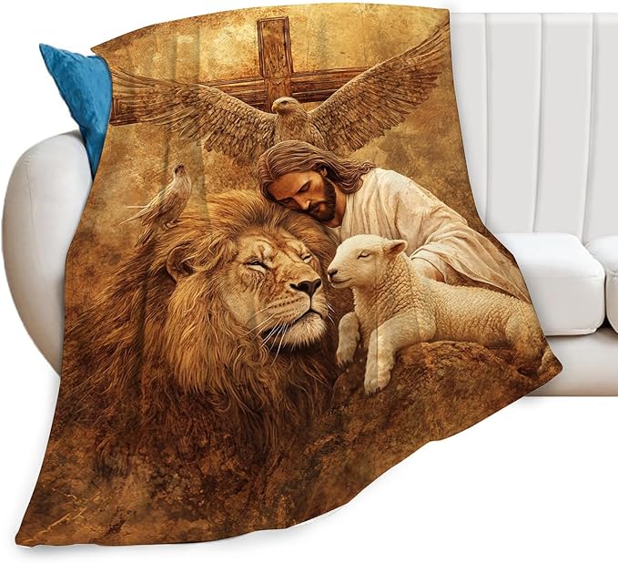 Jesus Blanket Lion Lamb Throws Christian Cross Print Plush Fuzzy Fleece Blankets Gifts for Girls Boys Women Super Soft Warm Cozy God Eagle Stuff for Men Women Couch Bed Sofa Bedding Decor 60"x50"