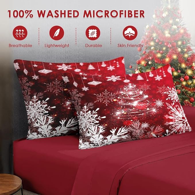 7 Pcs Full Size Christmas Comforter Set with 2 Pillowcases & 2 Shams, Red Glitter Xmas Tree Bedding for Kids and Adults, White Elegant Snowflake Bed in a Bag with Flat Fitted Sheet
