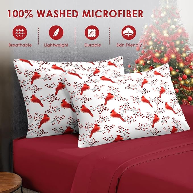 5 Pcs Twin Size Christmas Comforter Set with Pillowcase & Sham, Winter Cardinal Bird Bedding for Kids and Adults, Berries Branches Bed in a Bag with Flat Fitted Sheet