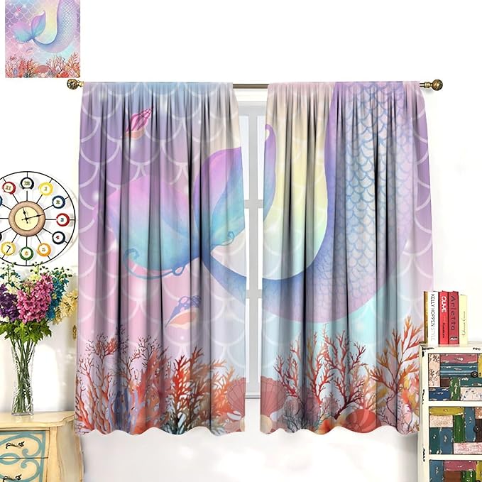 Dream Mermaid Curtains Colorful Mermaid Fish Tail Scale Fantasy Ocean Theme Beautiful Kids Window Treatment for Girls Bedroom Nursery Room Decor Rod Pocket Window Drapes 72x63in