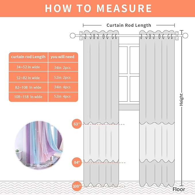 XiDi Curtains for Girls Bedroom 2 Panel Set, Thermal Insulated Window Ombre Panels, Rainbow Pink Drapes for Kids Room Unicorn Wall Decals, Black Out Curtains 54 Inch Long Pink/Purple/Blue 52x54