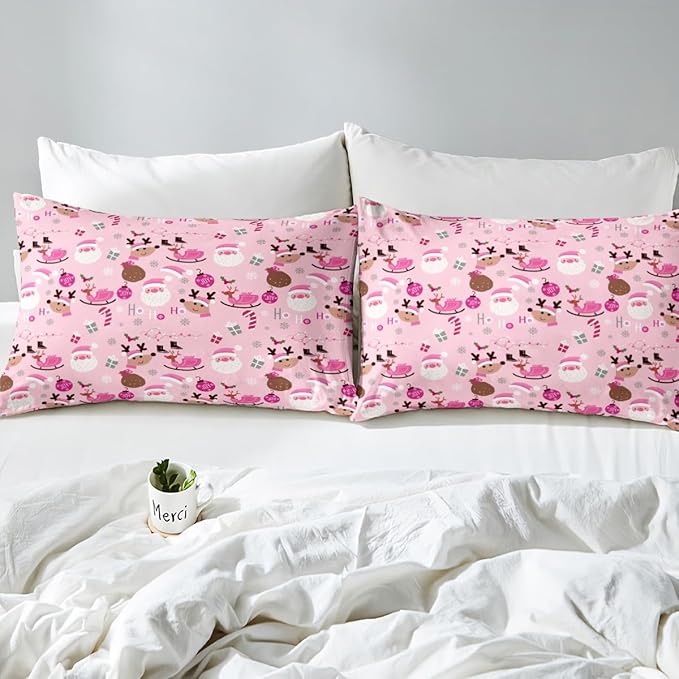 Manfei Christmas Duvet Cover Set King Size, Santa Claus and Reindeer Comforter Cover with 2 Pillowcases, New Year Pink Bedding Set 3pcs for Kids Girls Adult Lightweight Bedspread Cover,No Comforter