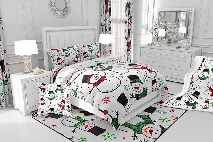 Feelyou Christmas Comforter Set All Season Snowman Bedding Set with 2 Pillow Cases Snowflake Microfiber Kids Full Bedclothes Bedroom Decor Duvet Quilt Breathable Soft Lightweight
